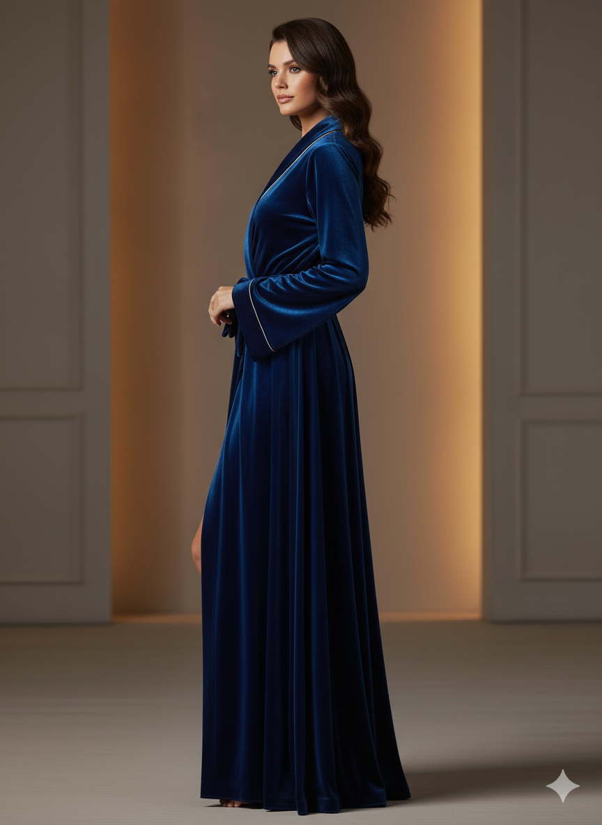 Royal Blue Velvet Night Robe for Women | Luxury Long Wrap Velvet Robe | Custom Size Premium Lounge Wear