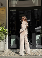 Champagne Velvet Co-Ord Set for Women – Cropped Zip Hoodie & Wide-Leg Pants