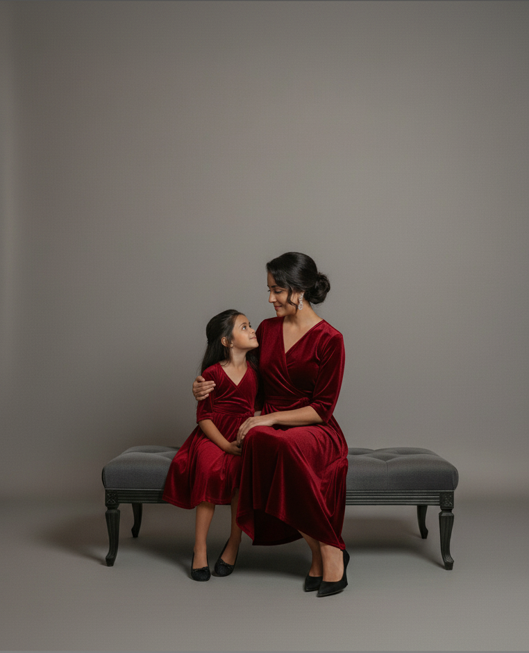 Custom Size Mom & Me Matching Wine Red Velvet Dress | Mother Daughter Coordinated Outfit | Personalized Fit Required