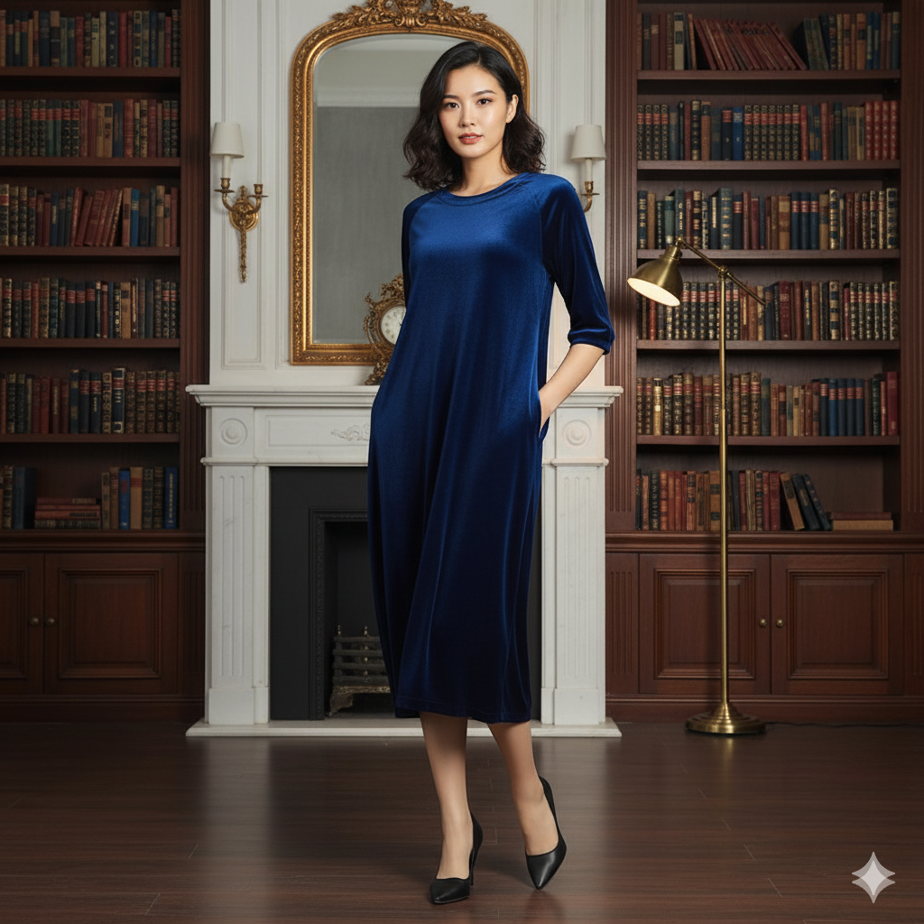 Royal Blue Velvet Night Dress for Women | Soft Long Velvet Night Gown | Elegant Lounge & Sleep Wear