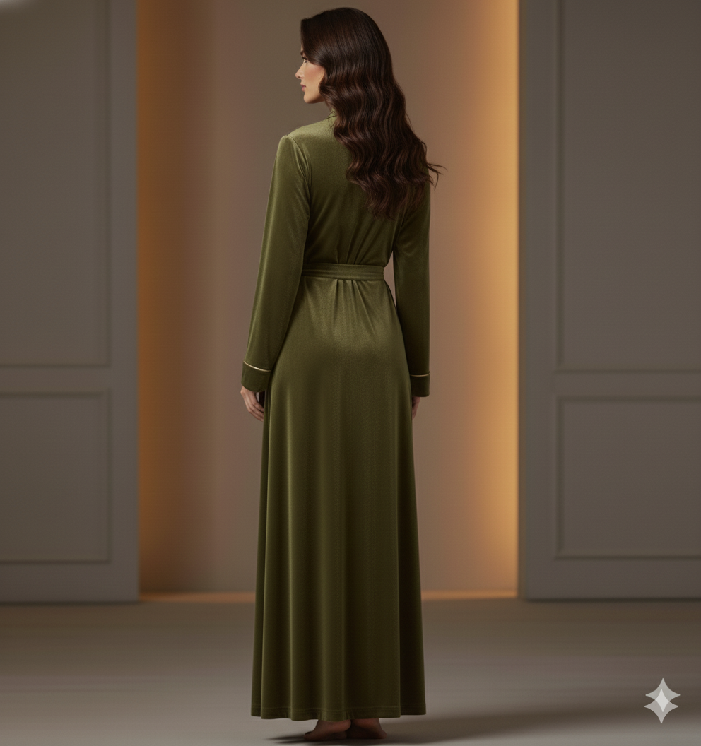 Olive Green Velvet Night Robe for Women | Luxury Long Wrap Robe | Custom Size Velvet Lounge Gown