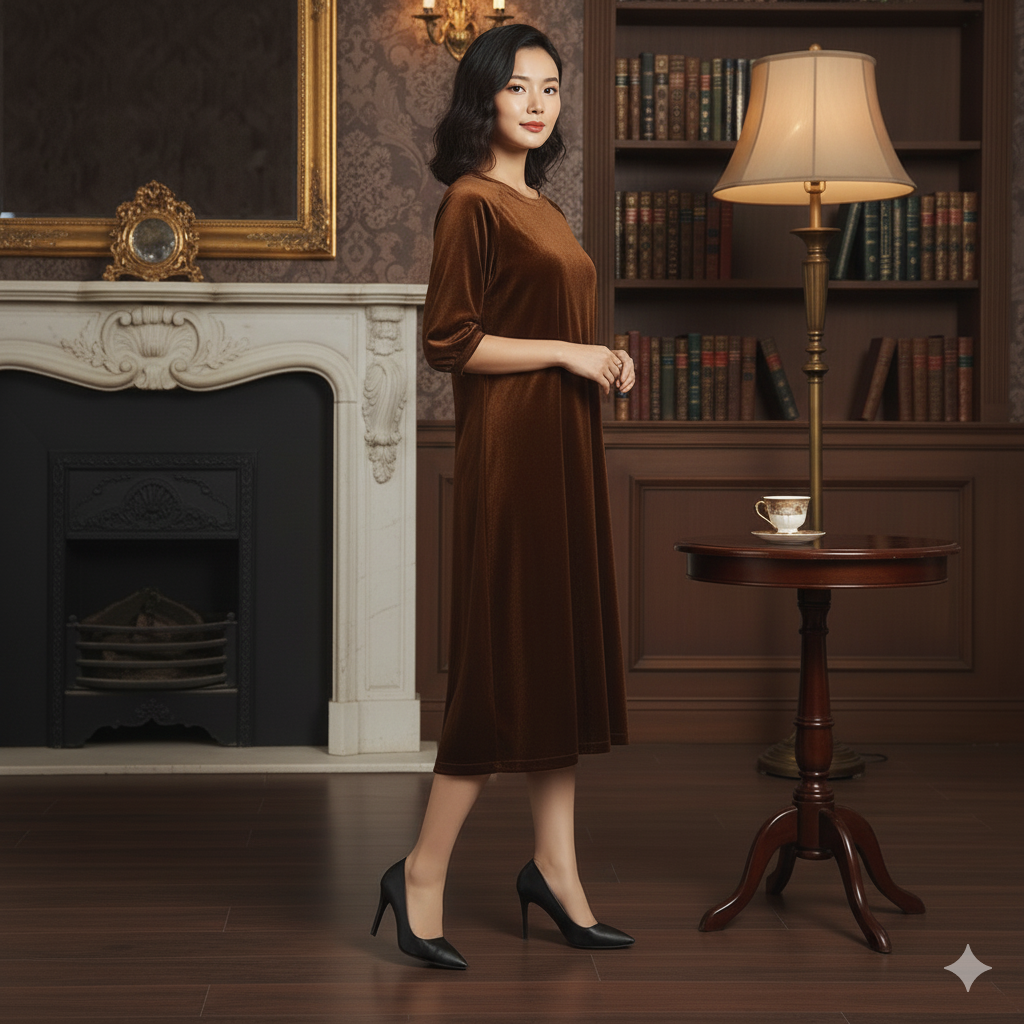 Brown Velvet Night Dress for Women | Soft Long Velvet Night Gown | Elegant Lounge & Sleepwear