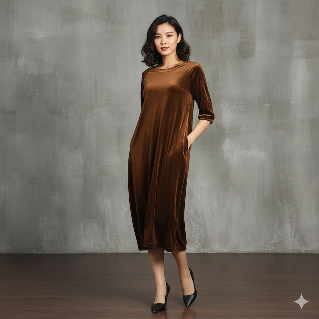 Brown Velvet Night Dress for Women | Soft Long Velvet Night Gown | Elegant Lounge & Sleepwear