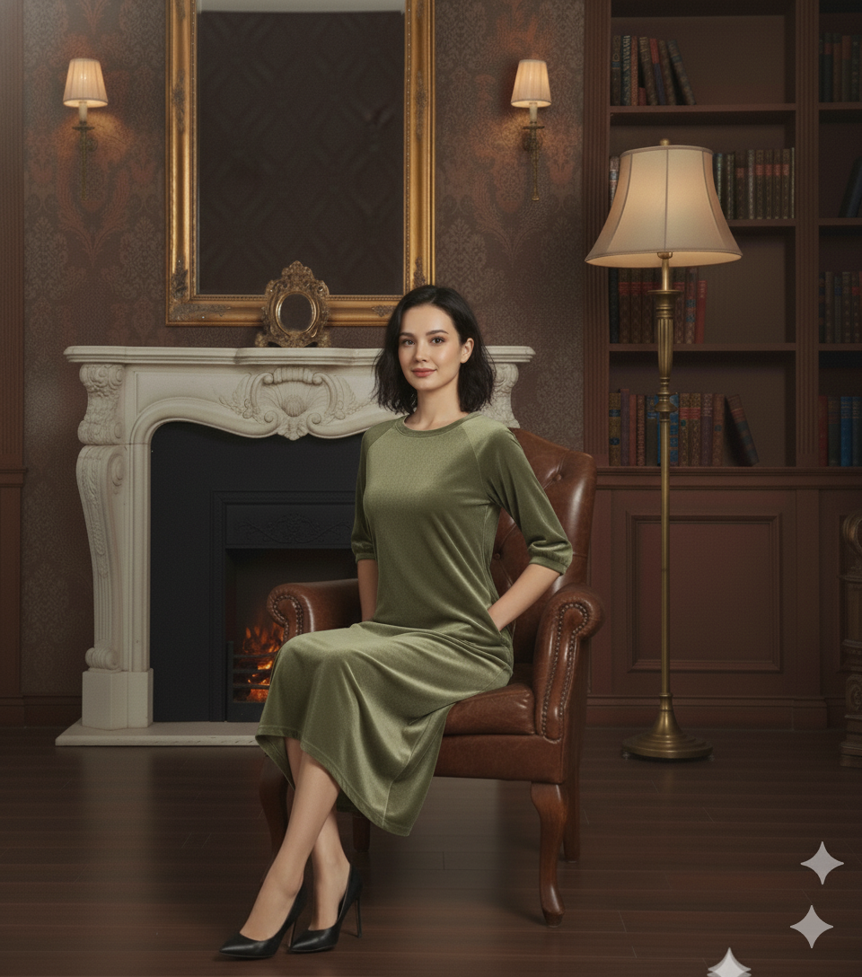 Olive Green Velvet Night Dress for Women | Soft Long Velvet Night Gown | Luxury Lounge & Sleep Wear