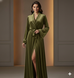 Olive Green Velvet Night Robe for Women | Luxury Long Wrap Robe | Custom Size Velvet Lounge Gown