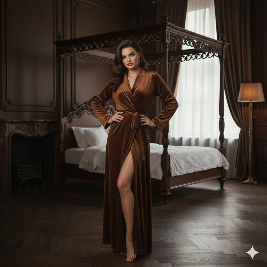 Brown Velvet Night Robe for Women | Luxury Long Wrap Velvet Robe | Custom Size Elegant Lounge Wear