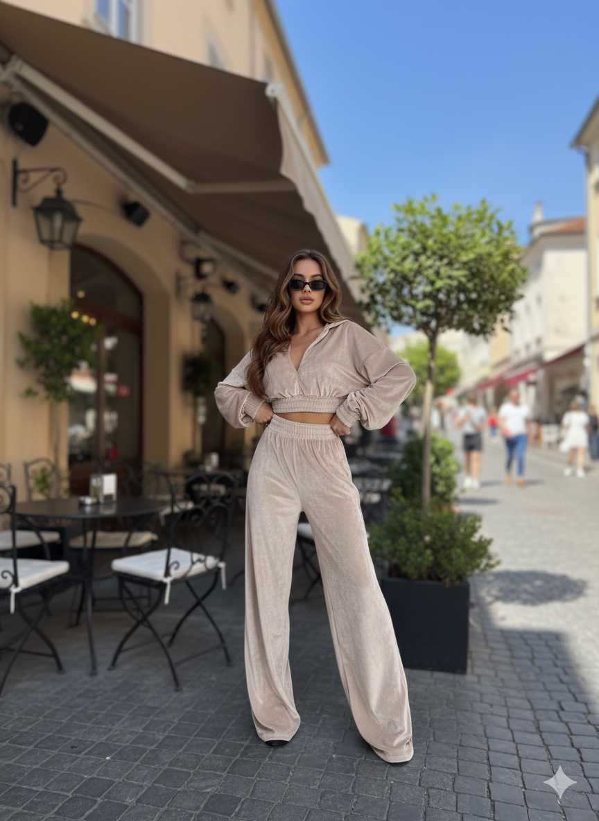 Champagne Velvet Co-Ord Set for Women – Cropped Zip Hoodie & Wide-Leg Pants