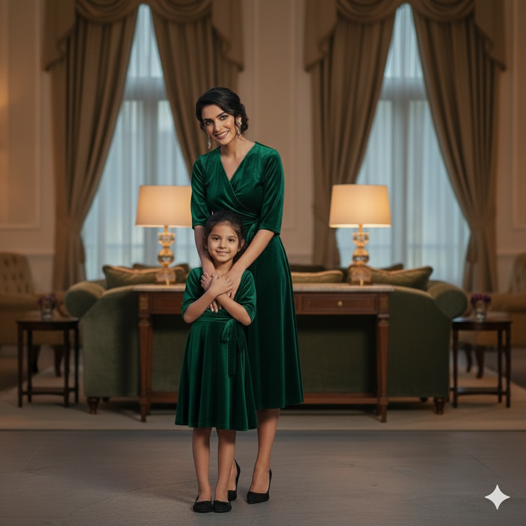 Custom Size Mom & Me Matching Green Velvet Dress | Mother Daughter Coordinated Outfit | Personalized Fit Required