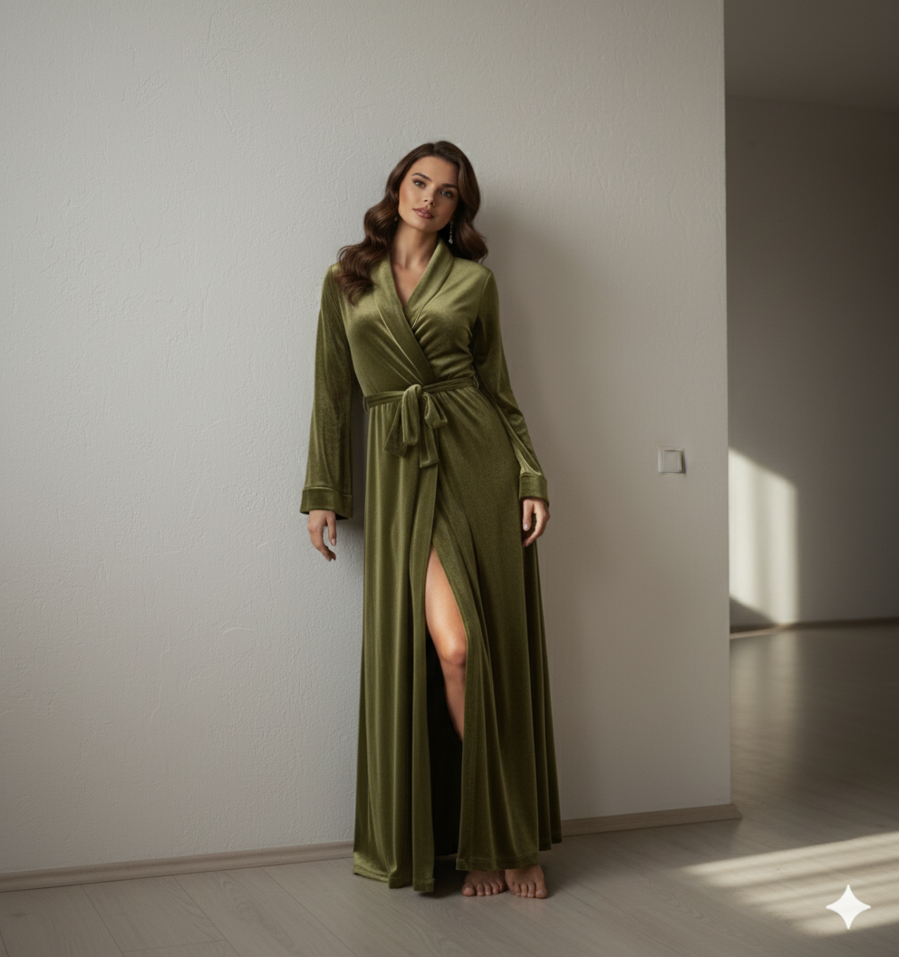 Olive Green Velvet Night Robe for Women | Luxury Long Wrap Robe | Custom Size Velvet Lounge Gown