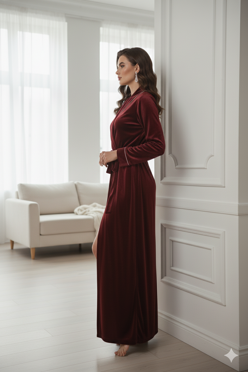 Wine Red Velvet Night Robe for Women | Luxury Long Wrap Robe | Custom Size Premium Lounge Wear