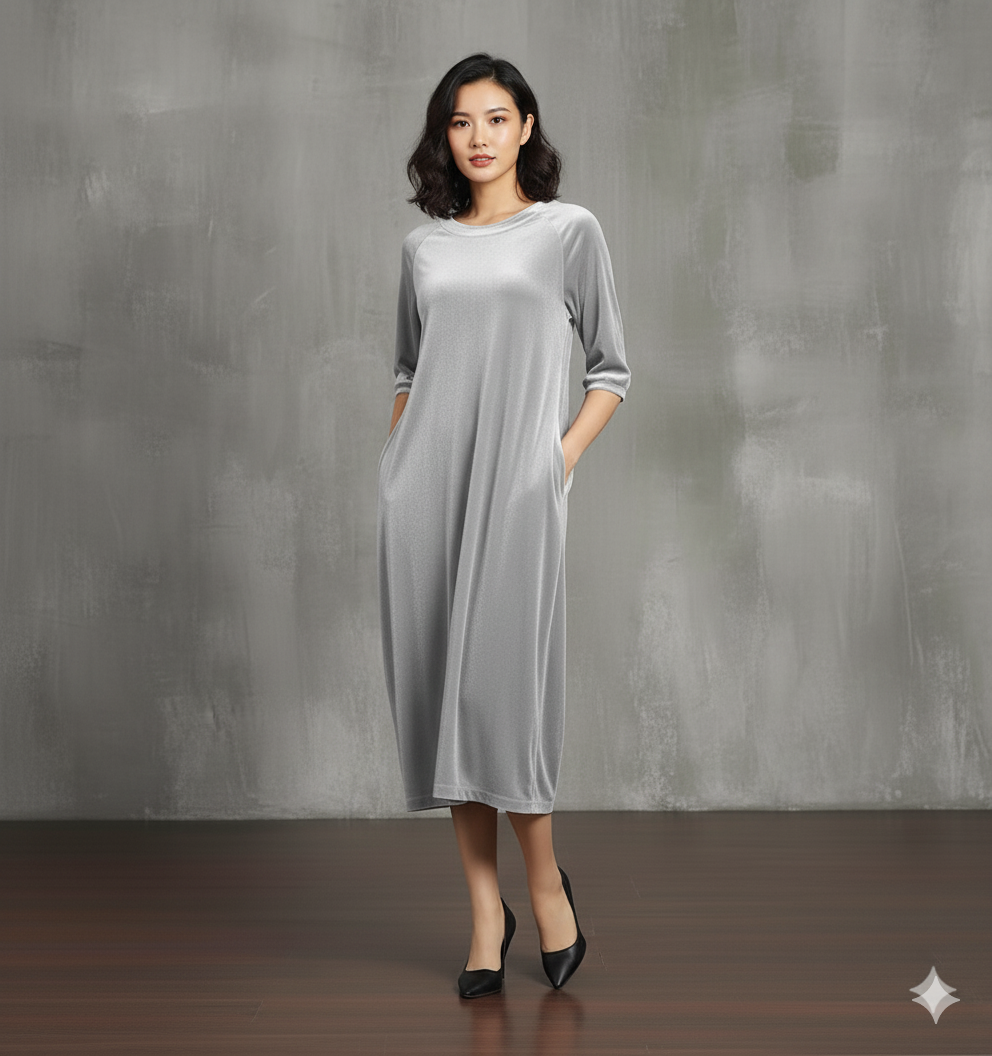 Grey Velvet Night Dress for Women | Soft Long Velvet Night Gown with Pockets | Elegant Lounge & Sleepwear