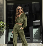Olive Green Velvet Co-Ord Set for Women – Zip Crop Top & Wide-Leg Pants Set