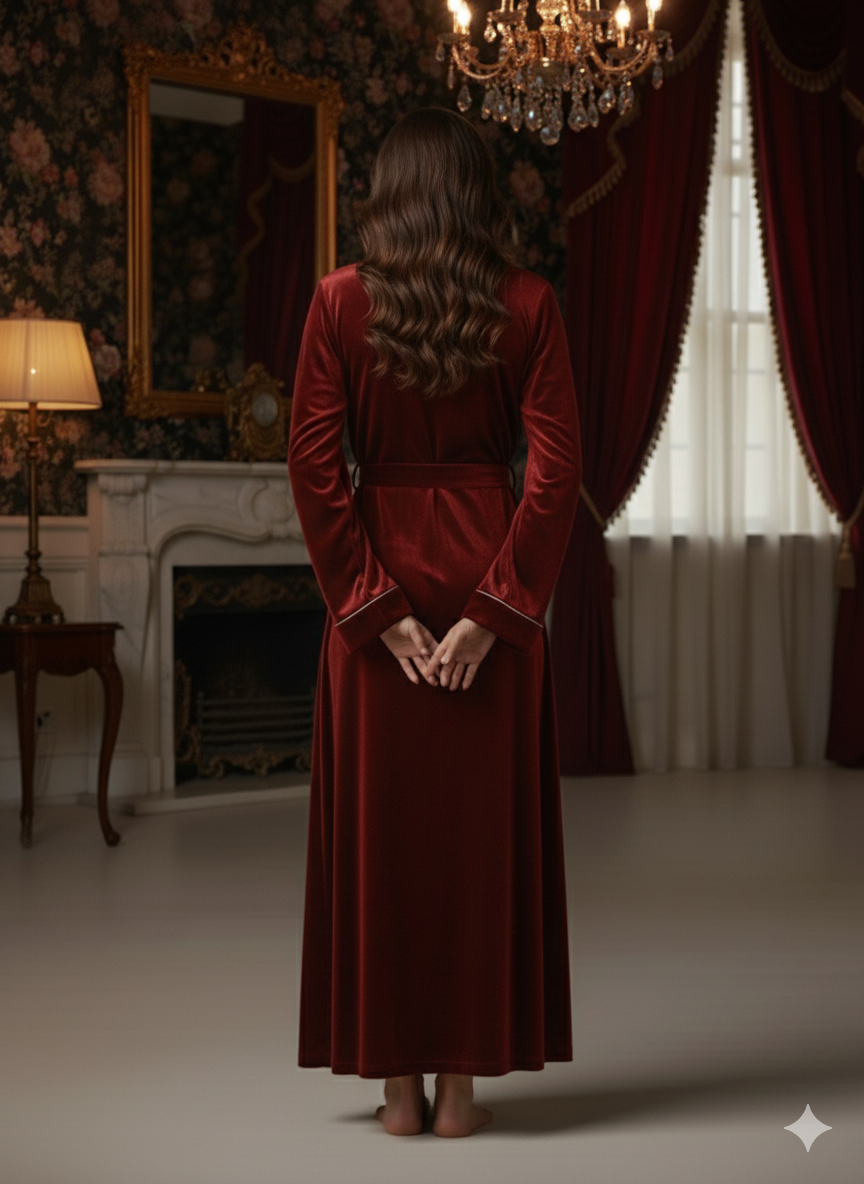 Wine Red Velvet Night Robe for Women | Luxury Long Wrap Velvet Robe | Custom Size Premium Lounge Wear