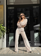 Champagne Velvet Co-Ord Set for Women – Cropped Zip Hoodie & Wide-Leg Pants