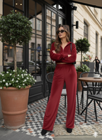 Rust Velvet Co-Ord Set for Women – Zip Hoodie Top with Straight Fit Pants