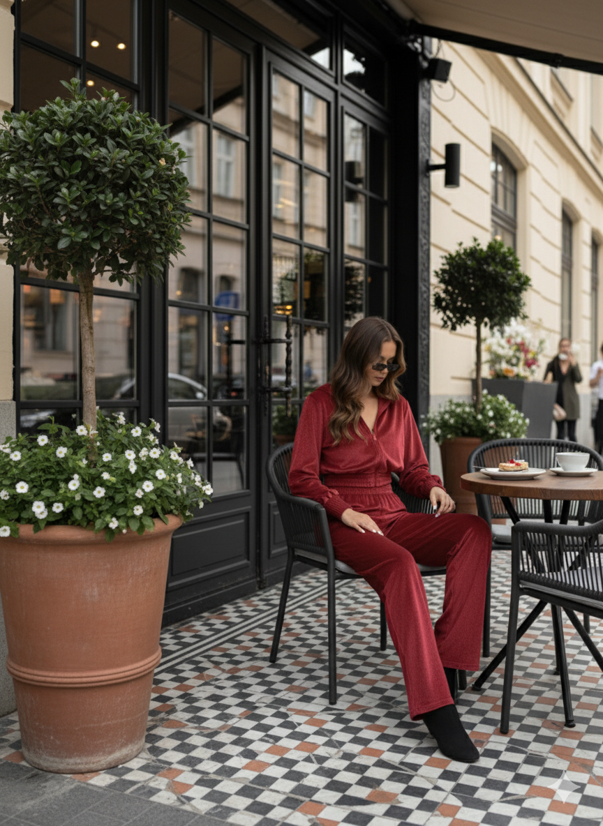 Rust Velvet Co-Ord Set for Women – Zip Hoodie Top with Straight Fit Pants