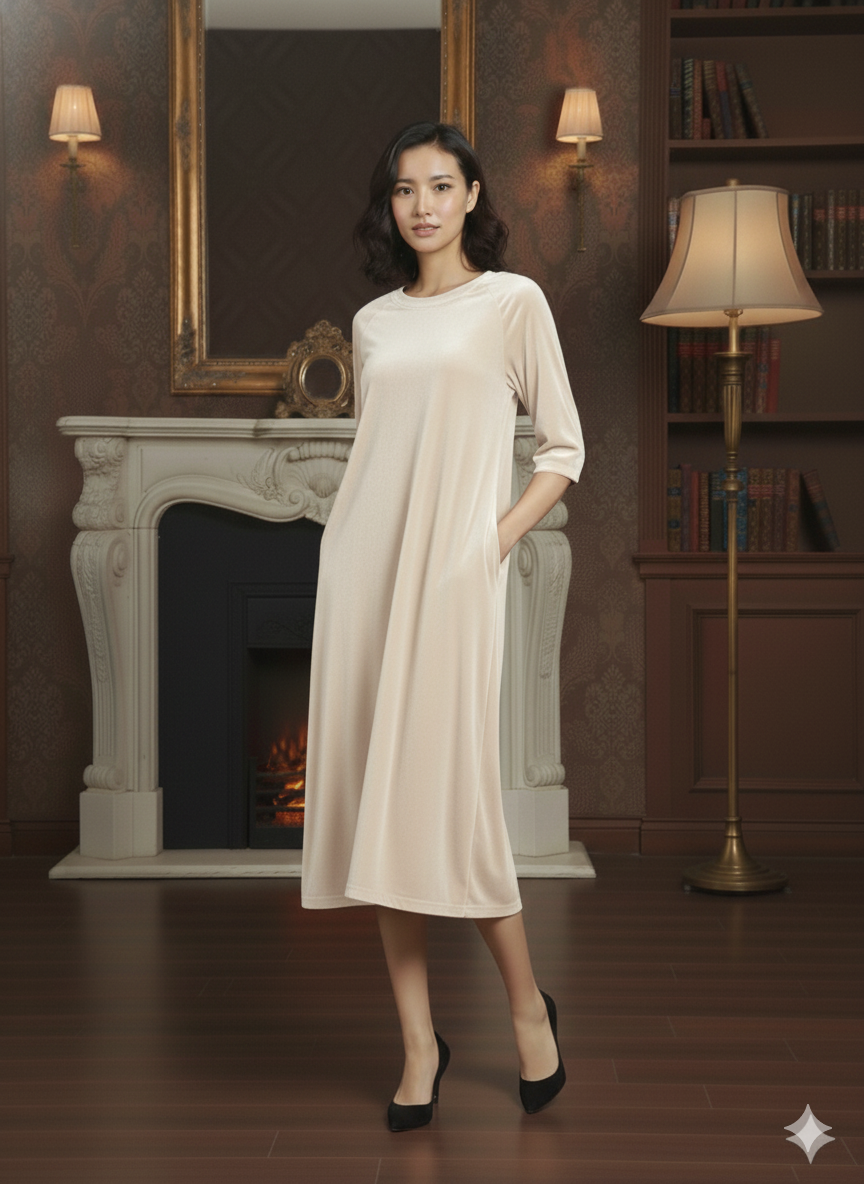 Beige Velvet Night Dress for Women | Soft Long Night Gown | Elegant Lounge & Sleep Wear