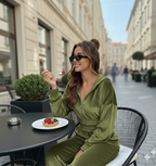 Olive Green Velvet Co-Ord Set for Women – Zip Crop Top & Wide-Leg Pants Set