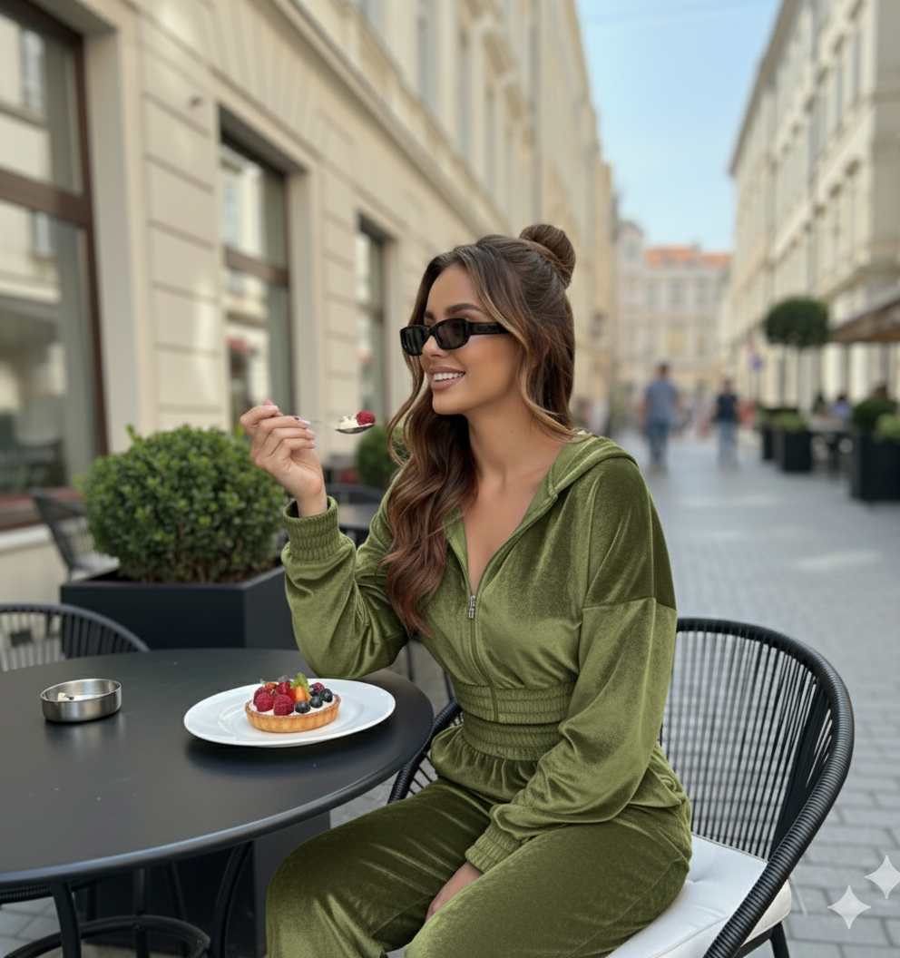 Olive Green Velvet Co-Ord Set for Women – Zip Crop Top & Wide-Leg Pants Set