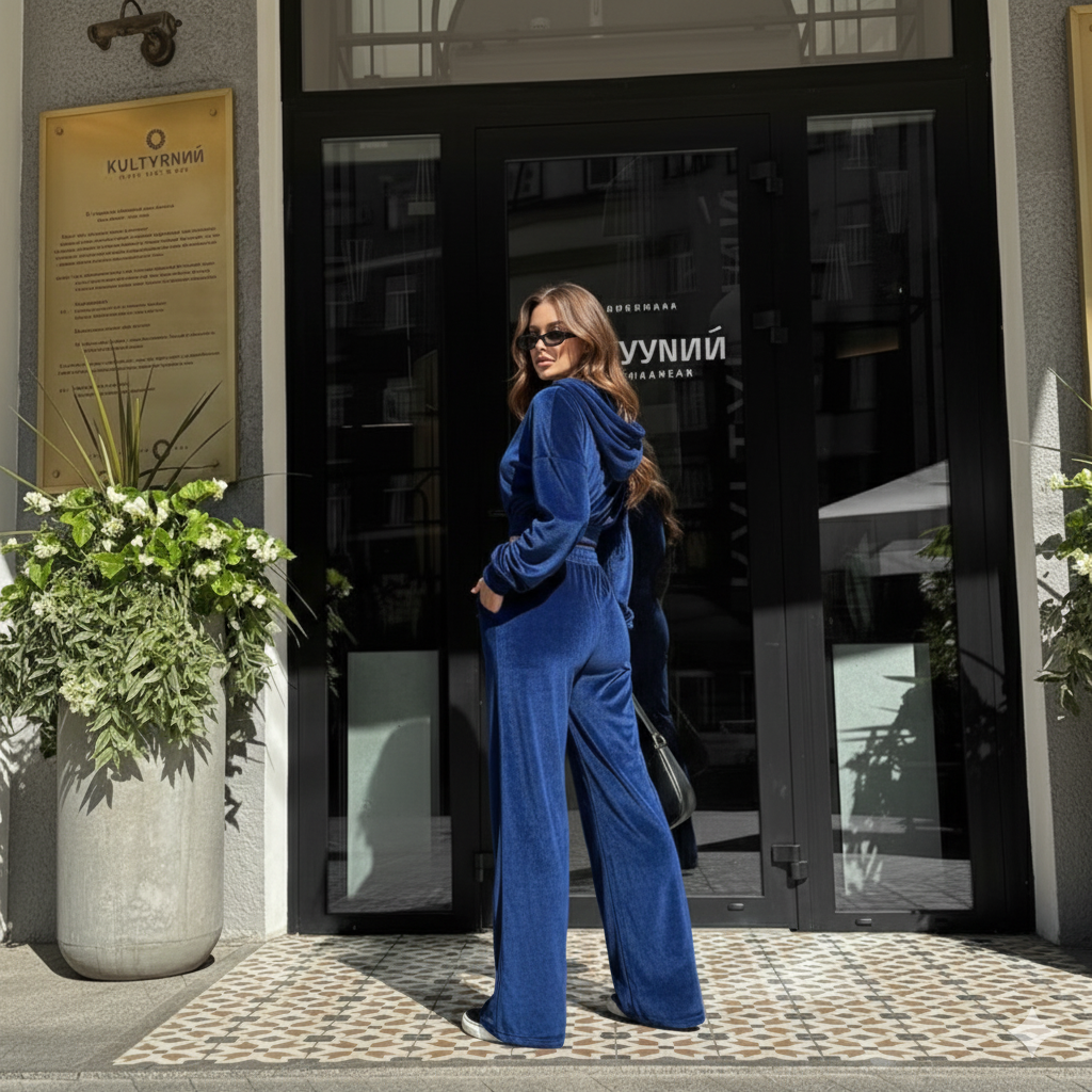 Royal Blue Velvet Co-Ord Set for Women – Cropped Zip Hoodie & High-Waist Pants