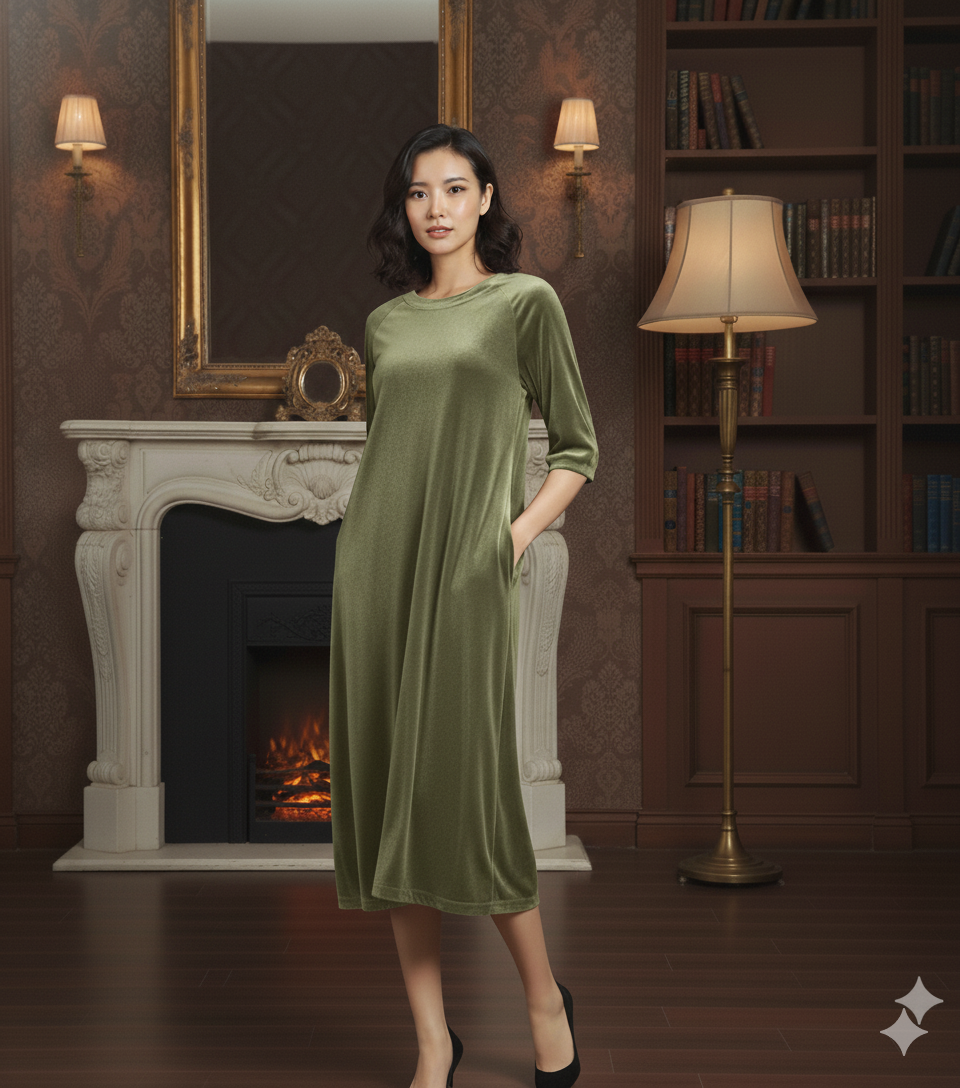 Olive Green Velvet Night Dress for Women | Soft Long Velvet Night Gown | Luxury Lounge & Sleep Wear