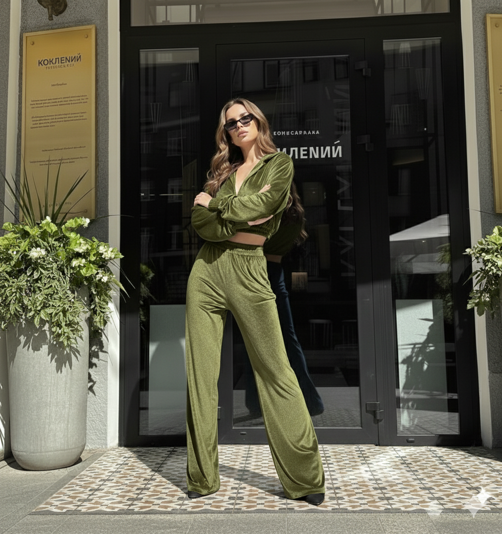 Olive Green Velvet Co-Ord Set for Women – Zip Crop Top & Wide-Leg Pants Set