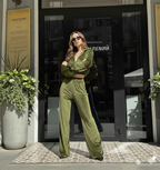 Olive Green Velvet Co-Ord Set for Women – Zip Crop Top & Wide-Leg Pants Set