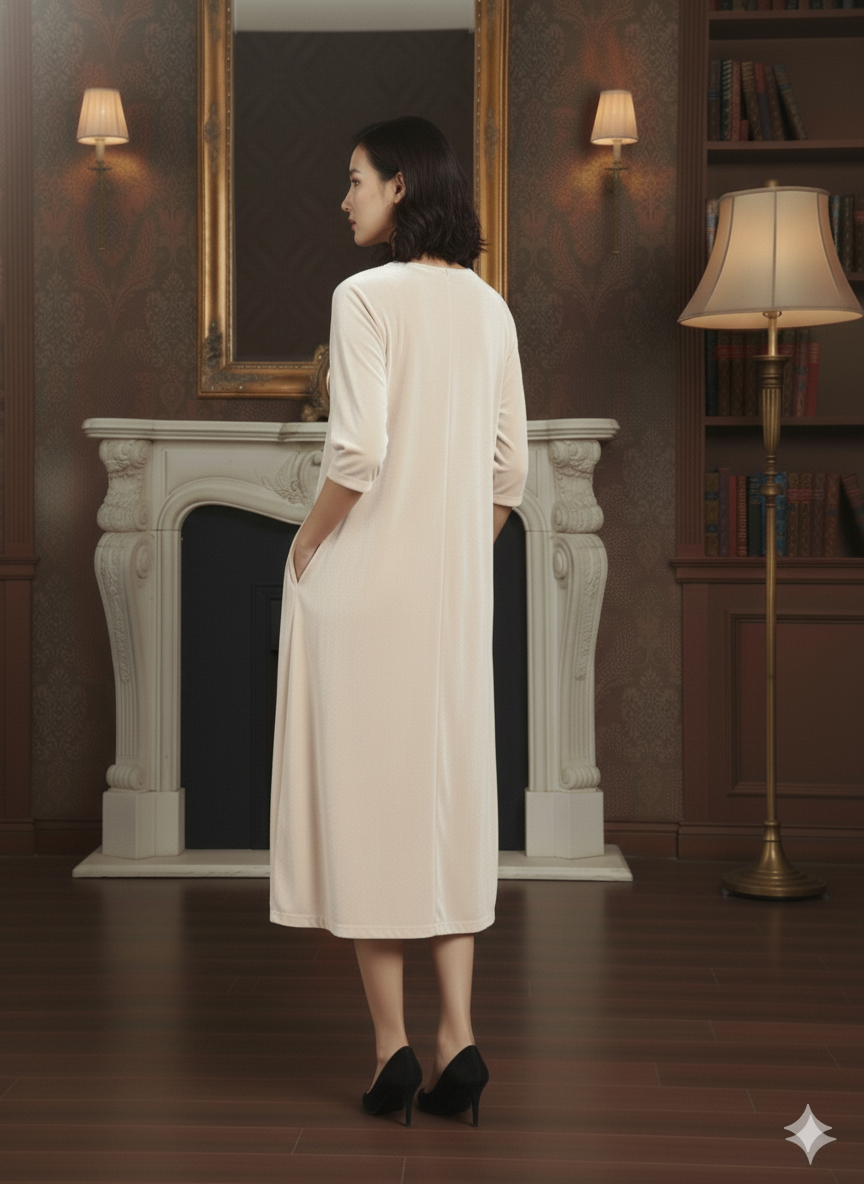 Beige Velvet Night Dress for Women | Soft Long Night Gown | Elegant Lounge & Sleep Wear
