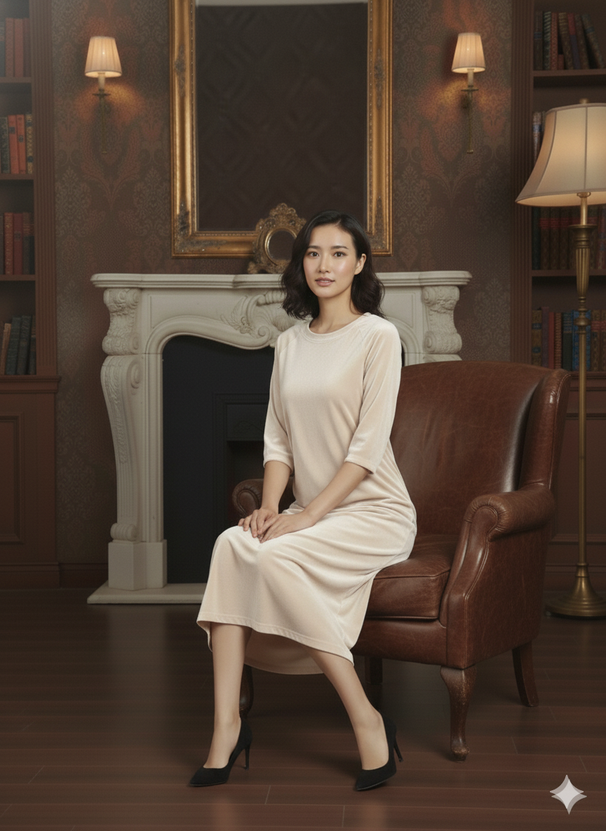 Beige Velvet Night Dress for Women | Soft Long Night Gown | Elegant Lounge & Sleep Wear