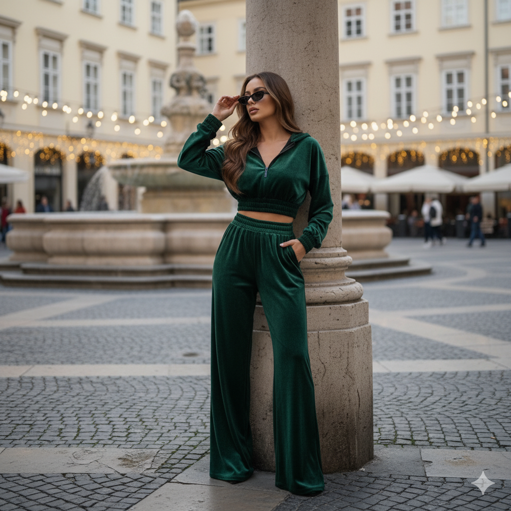 Emerald Green Velvet Co-Ord Set for Women – Zip Crop Hoodie & Relaxed Fit Pants