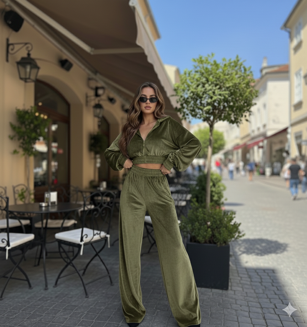 Olive Green Velvet Co-Ord Set for Women – Zip Crop Top & Wide-Leg Pants Set
