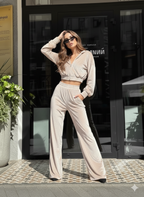 Champagne Velvet Co-Ord Set for Women – Cropped Zip Hoodie & Wide-Leg Pants