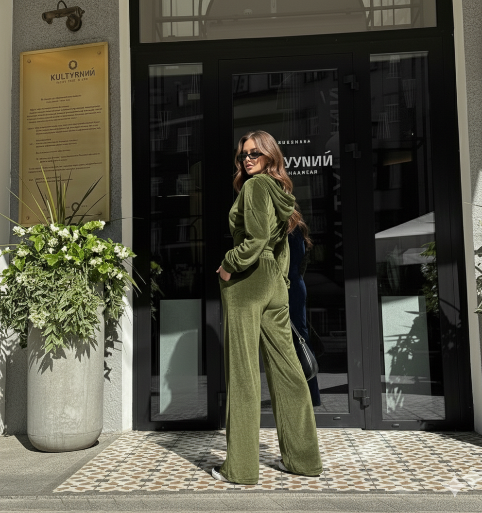 Olive Green Velvet Co-Ord Set for Women – Zip Crop Top & Wide-Leg Pants Set