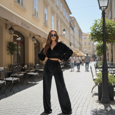 Black Velvet Co-Ord Set for Women – Zip-Front Top & Relaxed Fit Pants