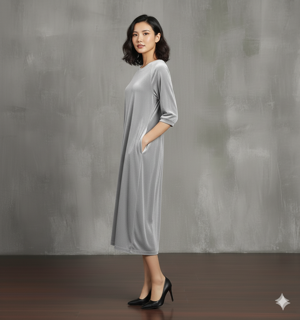 Grey Velvet Night Dress for Women | Soft Long Velvet Night Gown with Pockets | Elegant Lounge & Sleepwear