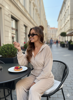 Champagne Velvet Co-Ord Set for Women – Cropped Zip Hoodie & Wide-Leg Pants