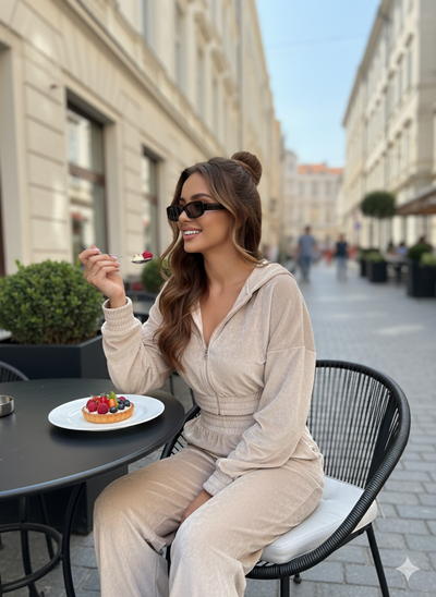 Champagne Velvet Co-Ord Set for Women – Cropped Zip Hoodie & Wide-Leg Pants