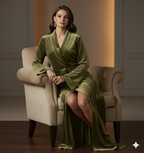 Olive Green Velvet Night Robe for Women | Luxury Long Wrap Robe | Custom Size Velvet Lounge Gown