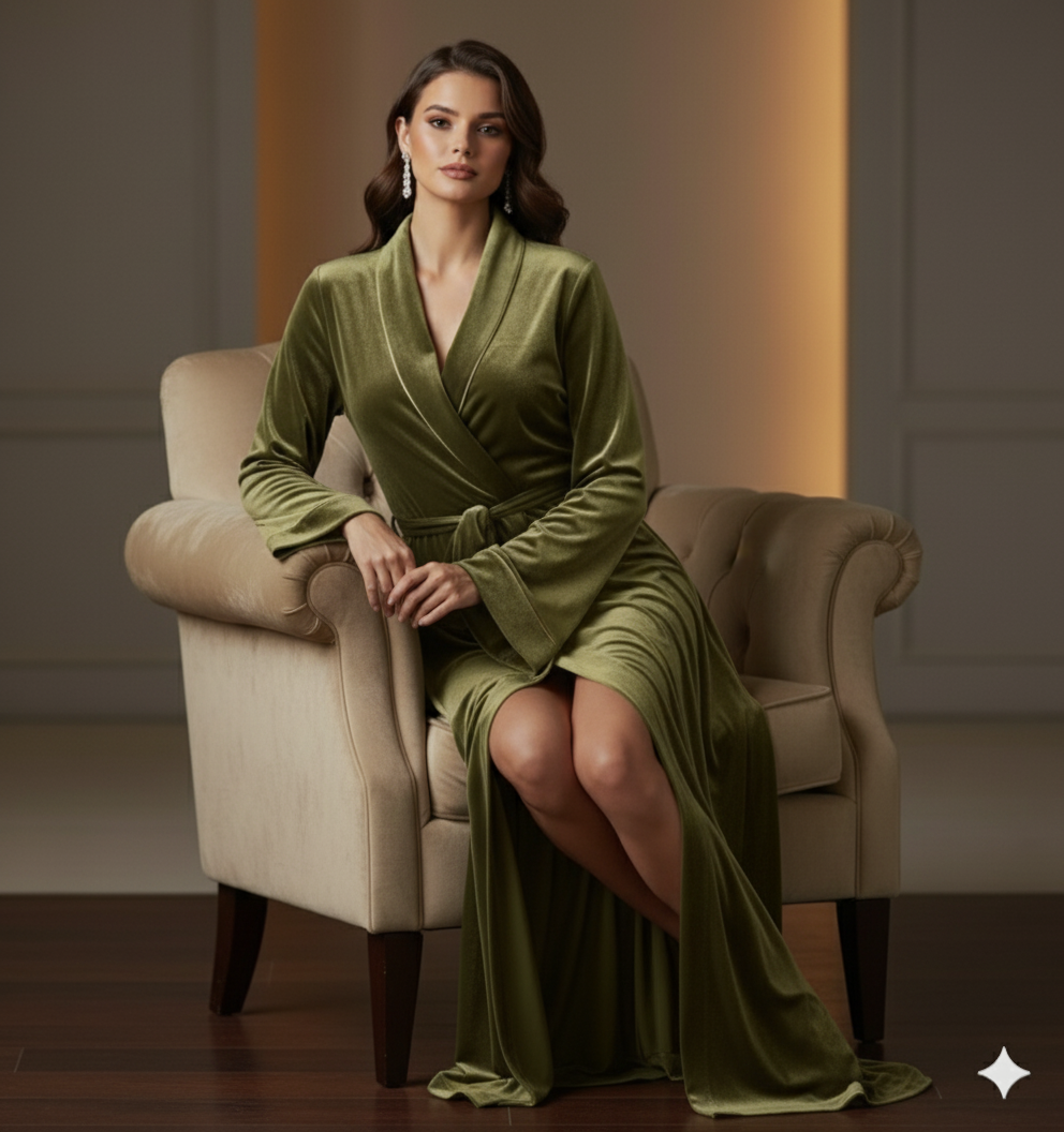 Olive Green Velvet Night Robe for Women | Luxury Long Wrap Robe | Custom Size Velvet Lounge Gown