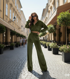 Olive Green Velvet Co-Ord Set for Women – Zip Crop Top & Wide-Leg Pants Set