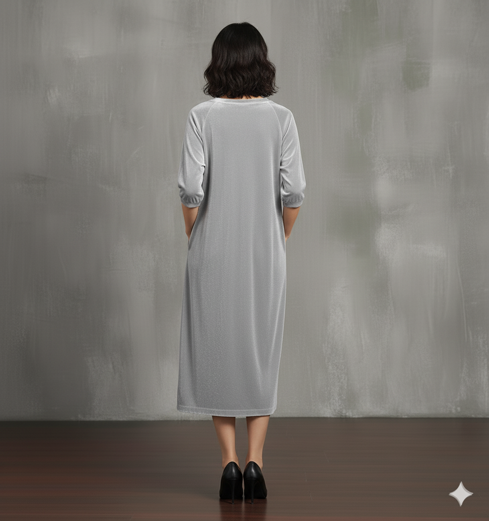 Grey Velvet Night Dress for Women | Soft Long Velvet Night Gown with Pockets | Elegant Lounge & Sleepwear