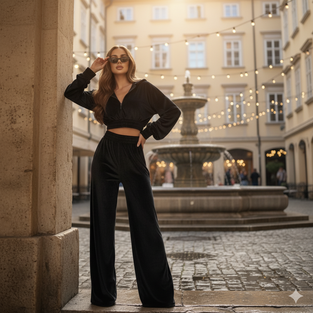 Black Velvet Co-Ord Set for Women – Zip-Front Top & Relaxed Fit Pants