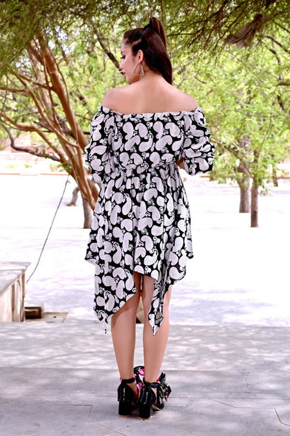 Women’s Black & White Off-Shoulder Cotton Printed Dress | Asymmetrical Hemline Casual & Party Wear Dress