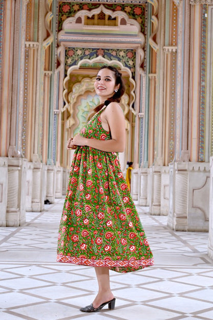 Women’s Green Floral Cotton Maxi Dress | Sleeveless Summer Long Dress