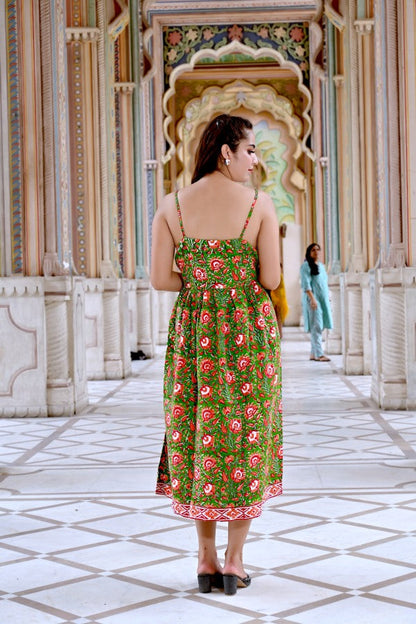 Women’s Green Floral Cotton Maxi Dress | Sleeveless Summer Long Dress