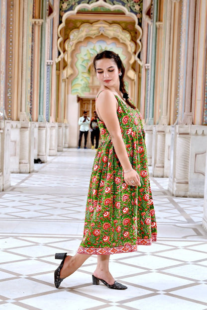 Women’s Green Floral Cotton Maxi Dress | Sleeveless Summer Long Dress