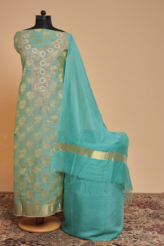 Luxury Pista Green Tissue Silk Unstitched Suit Set with Heavy Handwork & Zari Weaving