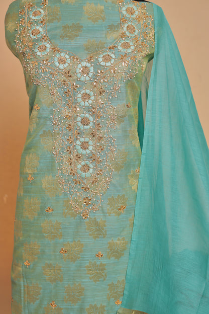 Luxury Pista Green Tissue Silk Unstitched Suit Set with Heavy Handwork & Zari Weaving