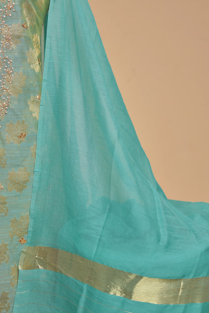 Luxury Pista Green Tissue Silk Unstitched Suit Set with Heavy Handwork & Zari Weaving