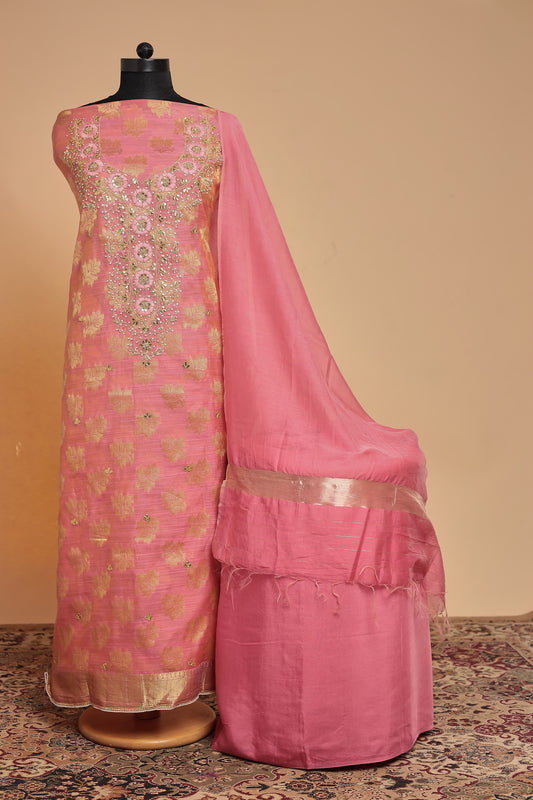 Luxurious Pink Banarasi Silk Unstitched Salwar Suit with Heavy Zari Weaving